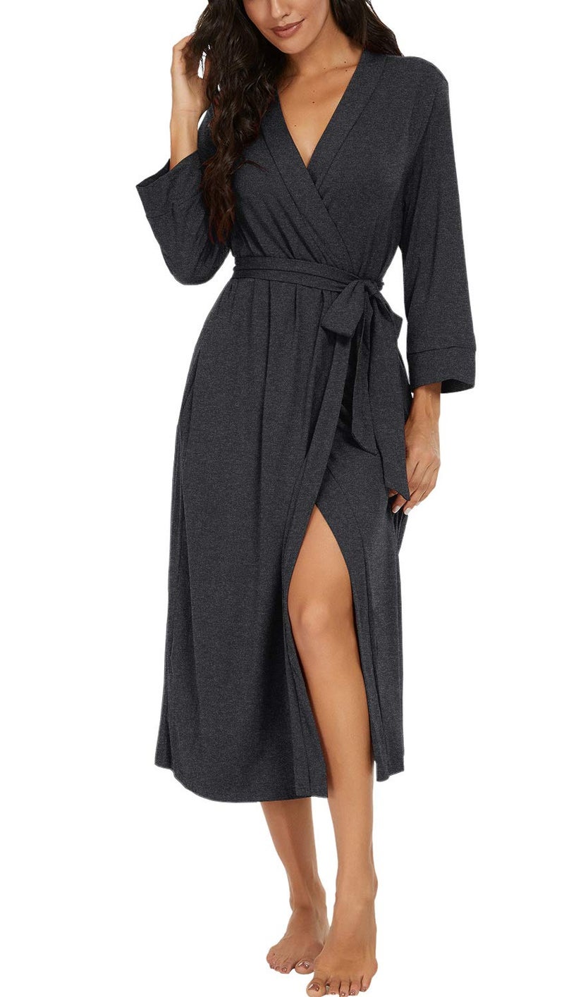 VINTATRE Women Kimono Robes Long Knit Bathrobe Lightweight Soft Knit Sleepwear V-neck Casual Ladies Loungewear Dark Gray-X-Large - Image 1